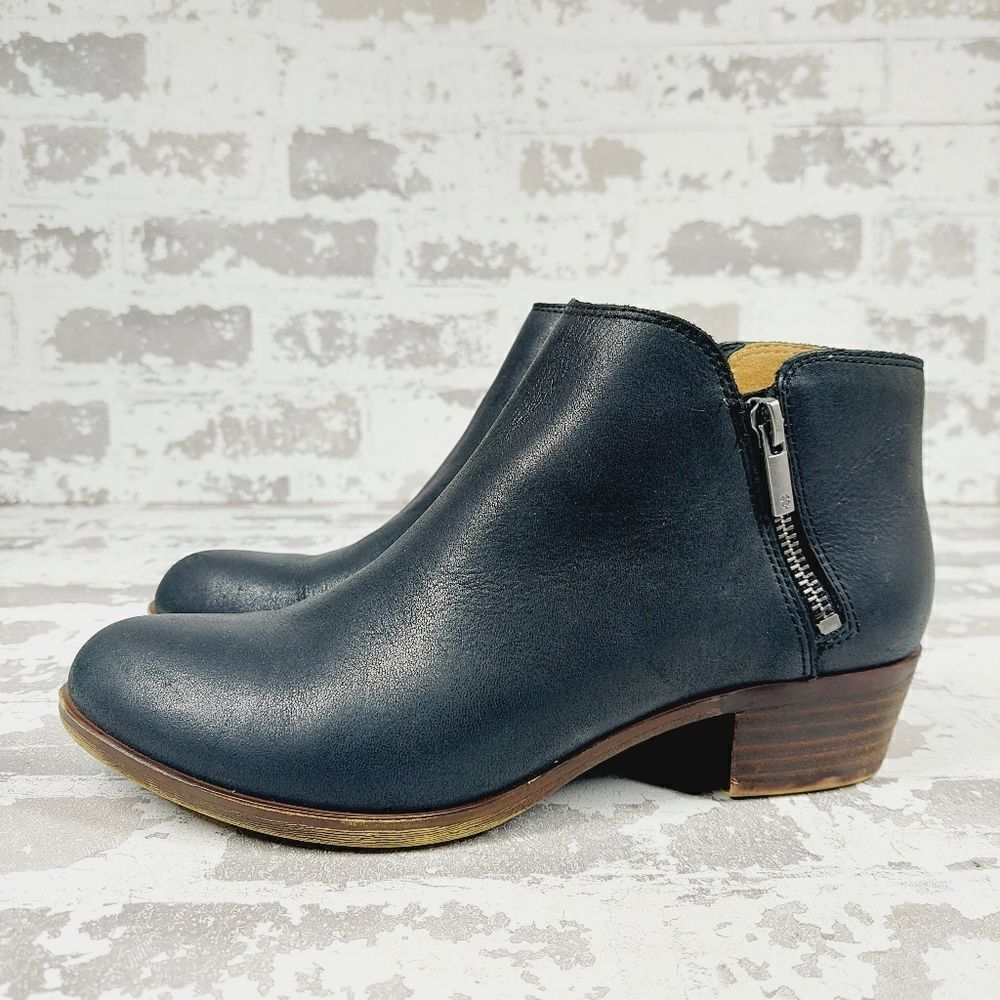 Lucky Brand Burklee Black Leather Side Zip Block Heel Ankle Bootie C551
